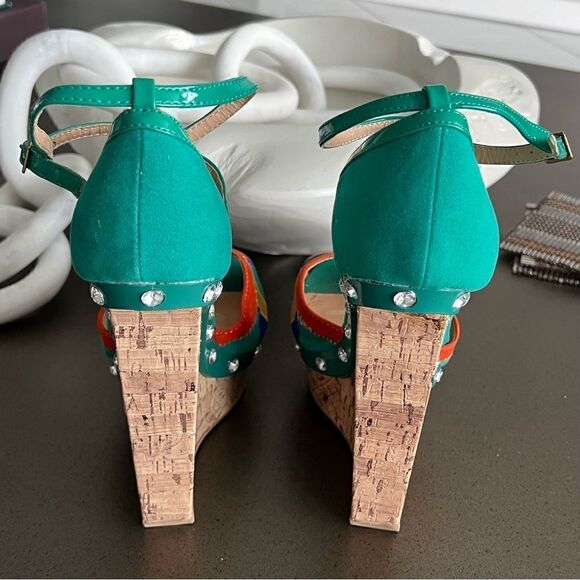 ALBA Peep Toe Platform Multicolor Patche Design Stitch Front Ankle Belt Size 7.5 - Picture 9 of 10